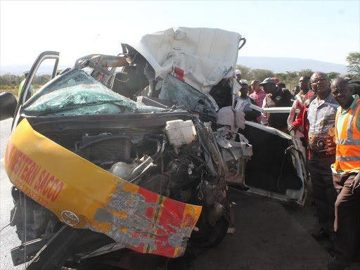 The wreck of the PSV matatu which killed two people in Sobea near Salgaa black spot alone the Nakuru-Eldoret highway on Monday, February 18, 2019. /BEN NDONGA