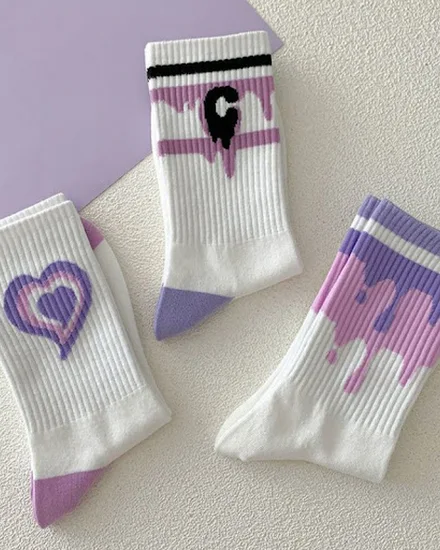 Women Cotton Socks Purple Heart Print Middle Tube Sock Am... - 1