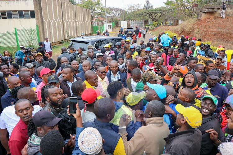 Nairobi County Governor elect Johnson Sakaja accompanied by his Deputy Njoroge Muchiri celebrated by their supporters at Kasarani tallying center on Sunday, August 14,2022.