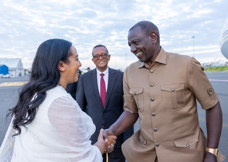 President William Ruto greeting delegates when he arrived in Ethiopia to attend the 37th African Union Summit of Heads of State and Government on February 16, 2024.