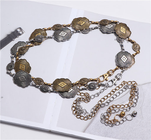 Title 2, Flower-shaped metal waist chain decoration. Enh...