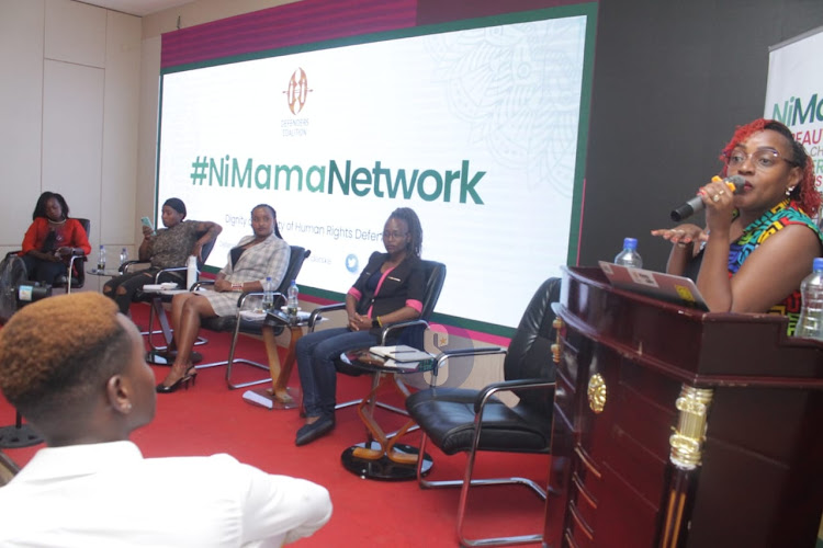 Defender's Coalition women on a panel discussion on human rights network during the commemoration of International Women's day at a Nairobi hotel on March 8, 2023.