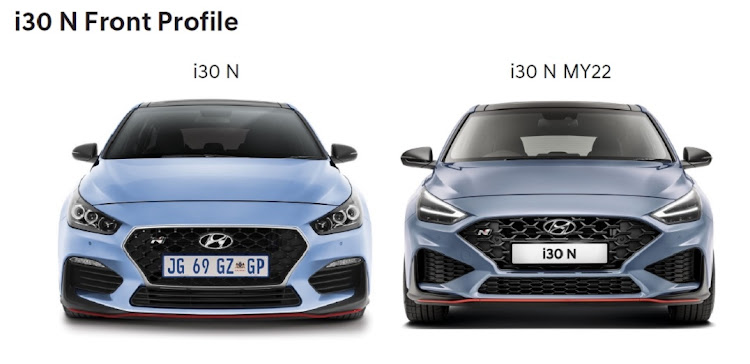 The updated i30 N (right) adopts a bolder look with a larger grille and redesigned LED headlights. Picture: SUPPLIED