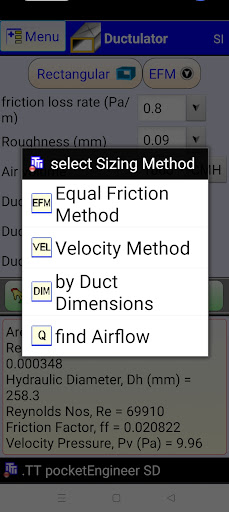 Screenshot Ductulator - HVAC duct sizing