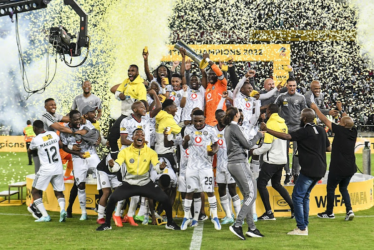 Orlando Pirates celebrate winning the MTN8 final match against AmaZulu at Moses Mabhida Stadium in Durban on November 5 2022.