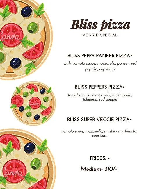 Bliss Pizza & Choc-a-Lot menu 