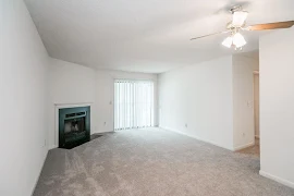 Living room with neutral carpet, white walls, a ceiling fan, corner fireplace, and patio door