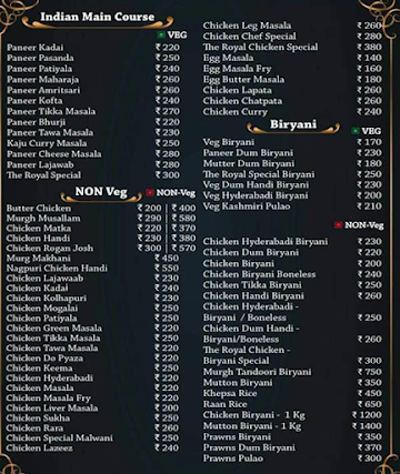 The Royal Restaurant menu 