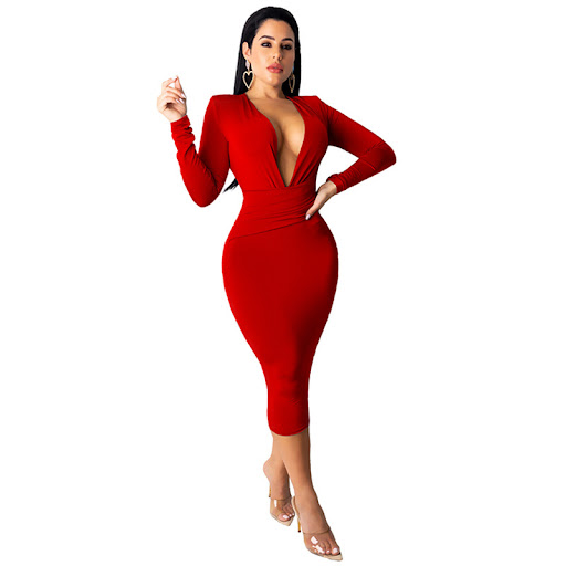 Title 6, Fashionable Deep V Neck Hip Dress with long sle...
