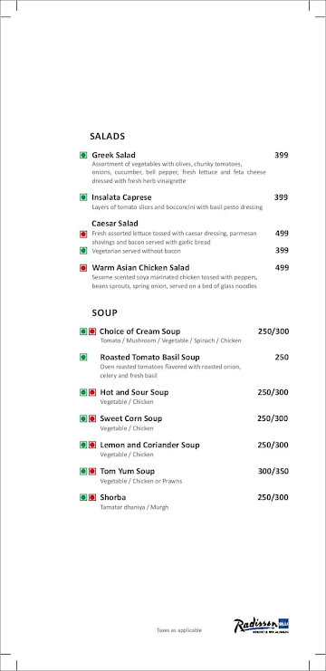 Radission Blu menu 