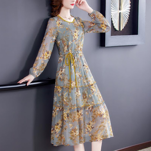 Title 3, Temperament Waist Slimming Silk Print Skirt. En...