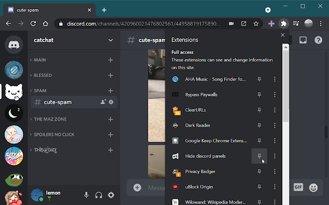 Hide Discord Panels chrome extension