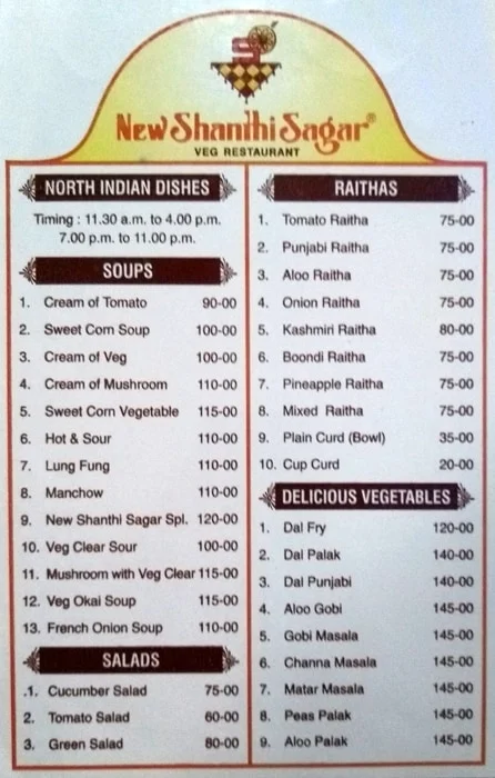 New Shanthi Sagar menu 