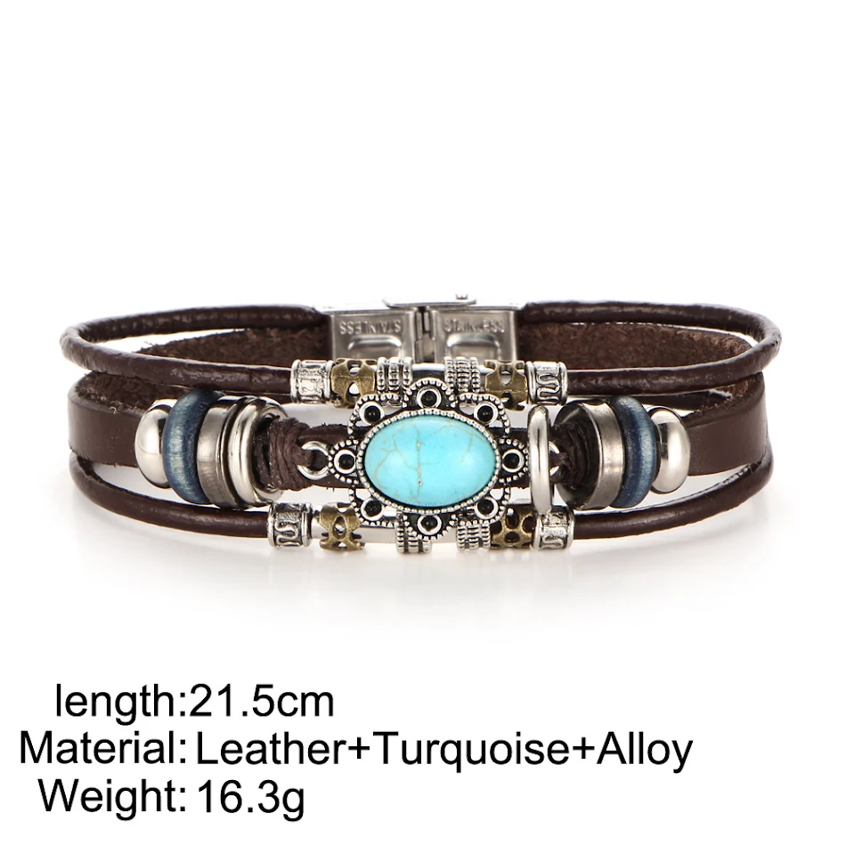 Bracelet en cuir turquoise ovale