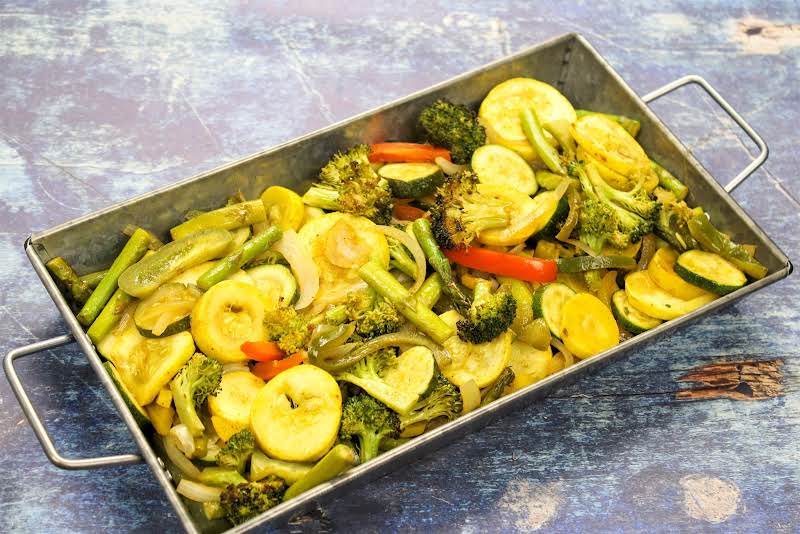 A Serving Tray Of Oven Roasted Vegetables.