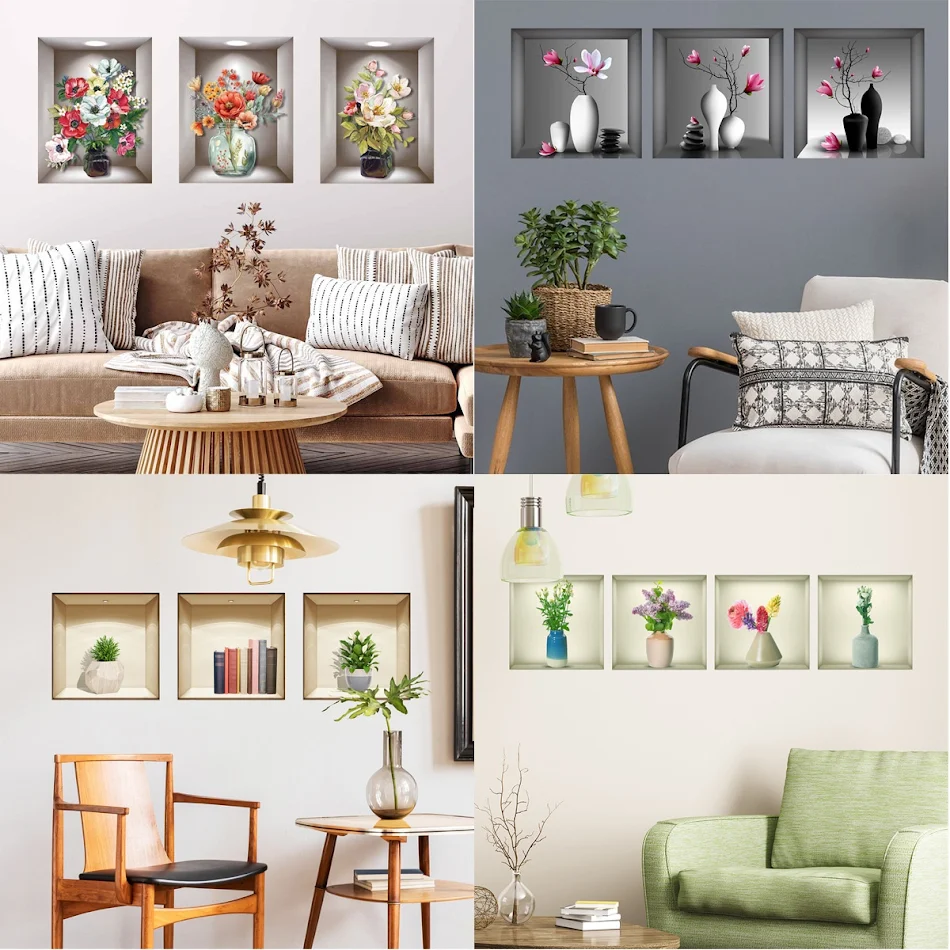 Adesivo de Parede 3D Vaso e Plantas Decoração Transforme seu ambiente com este adesivo floral, fácil de aplicar e com efeito tridimensional