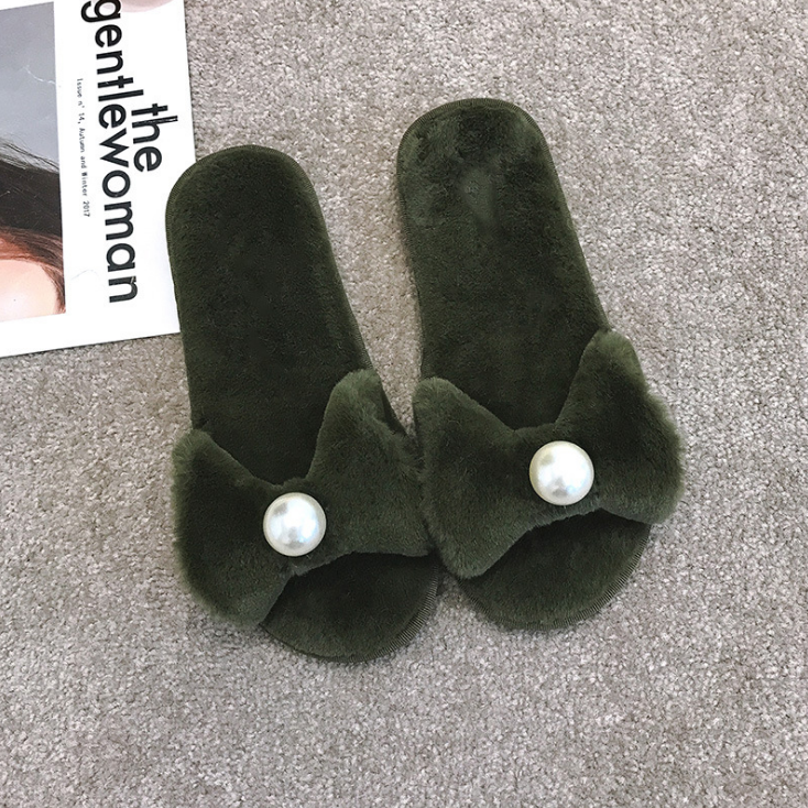 Dames antislip huisslippers herfst en winter nieuwe woord parel katoen pantoffels Koreaans suède strik katoenen comfort.