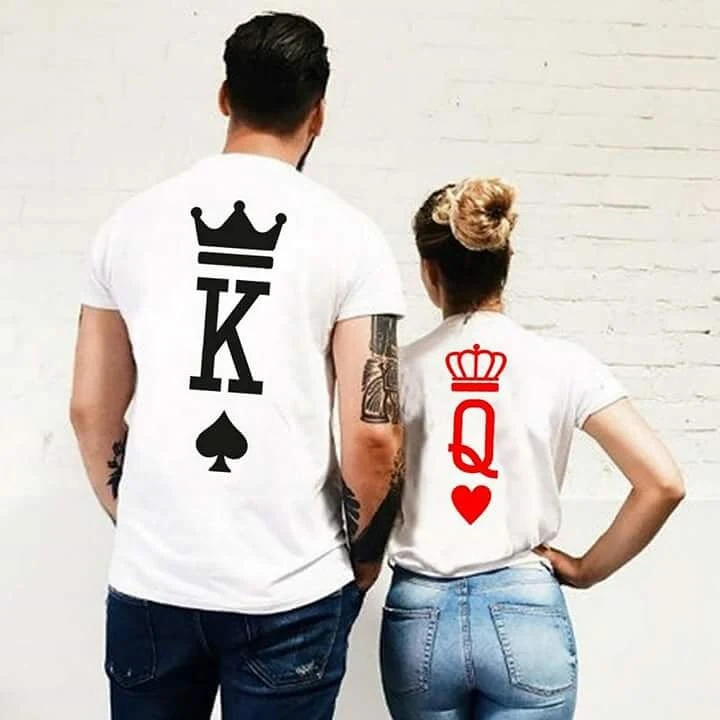 Super fire couple models T-shirt playing cards spades red hearts king queen crown print t-shirt