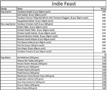 Indie Feast menu 