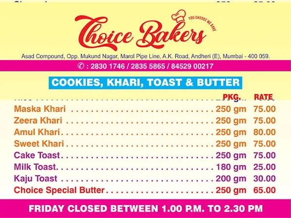 Choice Bakers & Fast Food menu 