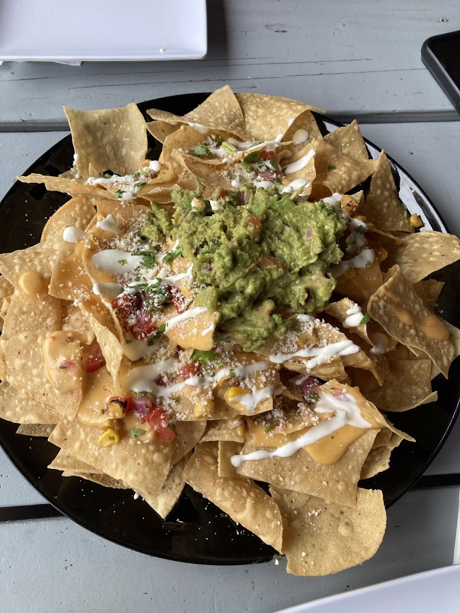 Shareable nachos with guacamole. Needs meat!