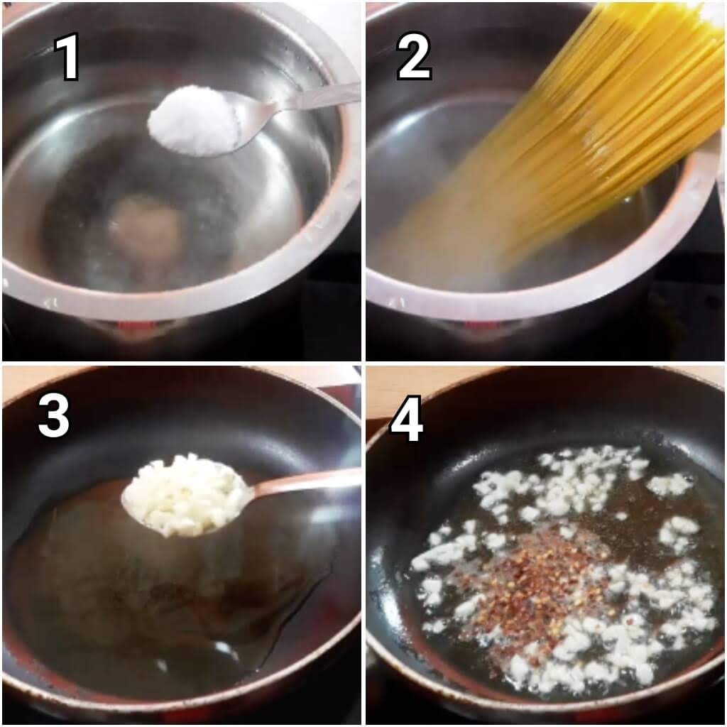 step by step collage of addition of salt & spaghetti to boiling water & preparing the sauce