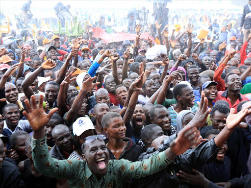 NASA supporters cheer as they are addressed by leaders Raila Odinga,Kalonzo Musyoka,Moses Wetangula,Musalia Mudavadi and Isaac Rutto during a rally at Gusii Stadium.Photo/ DENNIS KAVISU