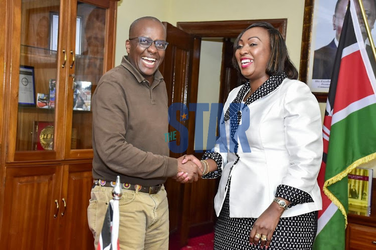 Nairobi Azimio gubernatorial aspirant Polycarp Igathe and the Nairobi Governor Ann Kananu Mwenda at the office of the Governor Nairobi County on April,27,2022.