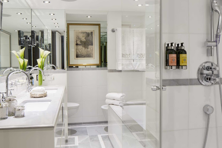 A look at the well-appointed bathroom in the Royal Suite of Uniworld's S.S. Catherine. 