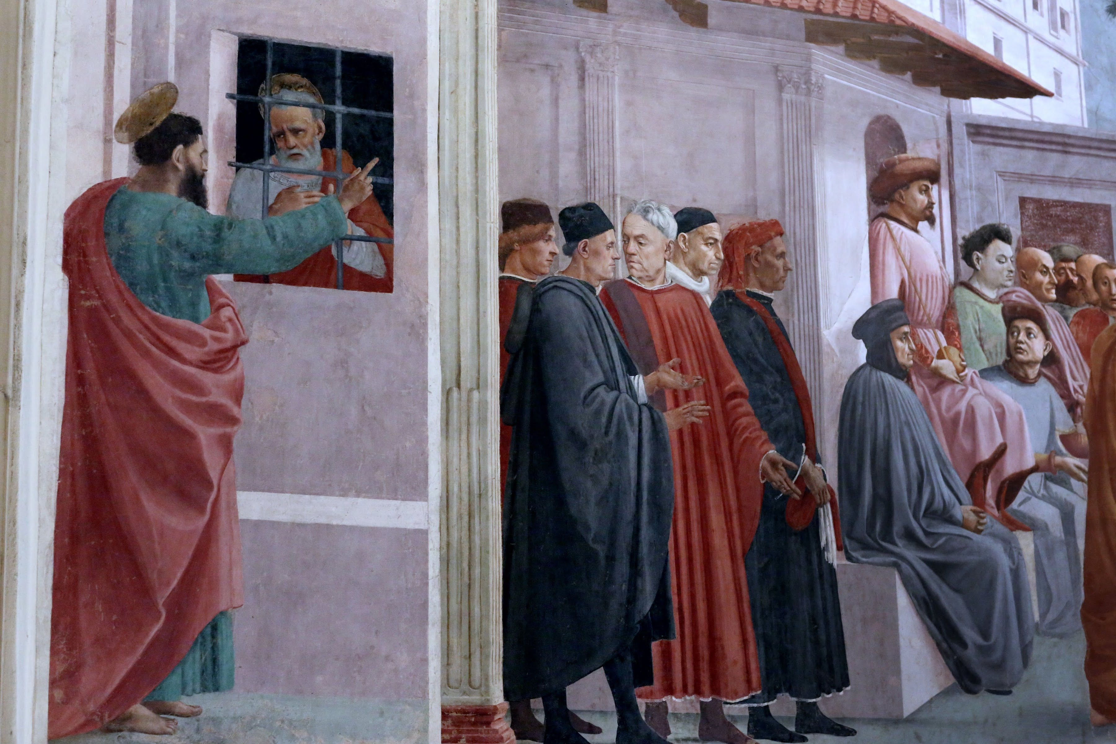 Filippino Lippi,San Pietro visitato in carcere da San Paolo (a destra, un estratto dalla resurrezione del figlio di Teofilo), affresco nella Cappella Brancacci, Santa Maria del Carmine, Firenze