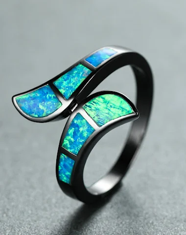 Black Gold Blue Arc Opal Ring, Euro - 3