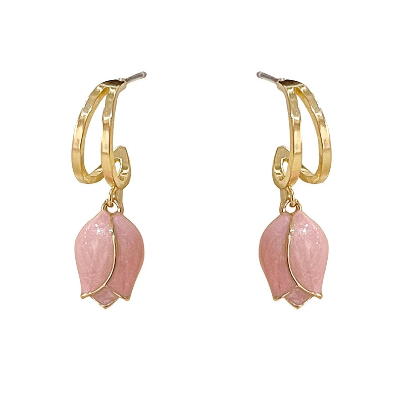 Boucles d'oreilles élégantes en forme de tulipe, style français, émail dégoulinant, sans perçage. Pour une grâce florale et un charme intemporel.