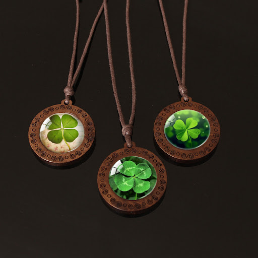 Title 11, Gem Glass Wooden Pendant Necklace With Four Lea...