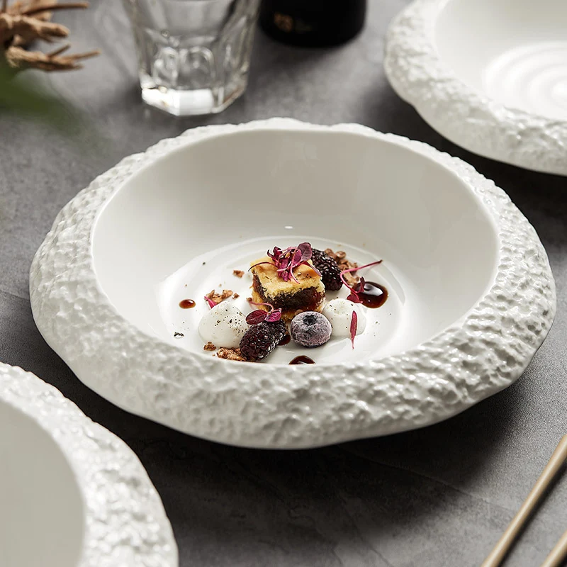 Platos Hondos Cerámicos con Diseño de Roca para el Hogar, Duraderos y Elegantes, Ideales para Sopas y Guisos.