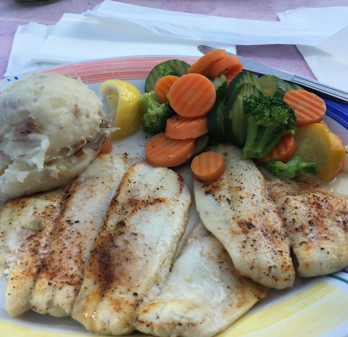 Broiled Flounder, mashed potatoes and steamed veggies