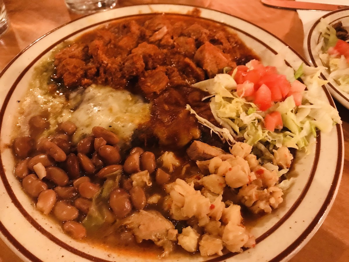 Combo plate w carne adovada, cheese enchilada and crunchy taco was on a separate plate.