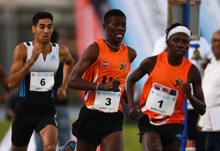 Nkosinathi Sibiya (Univ Johannesburg) during Final 2 of 2 Men 25 1500m meeting 4 of the Cape Milers Club Grand Prix Summer Series 2022 at Green Point Athletics Stadium on April 26, 2022 in Cape Town.