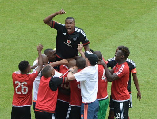 Thamsanqa Gabuza and Orlando Pirates players celebrates during the Absa Premiership match between Kaizer Chiefs and Orlando Pirates at FNB Stadium on October 31, 2015 in Soweto. Picture credits: Gallo Images