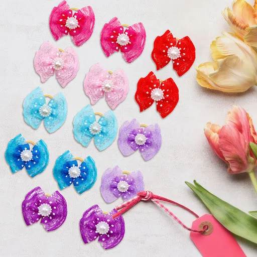 20pcs New Lace Pet Hair Bows Cat Puppy Girls Rubber Band Bows with Diomand Grooming for Small Dog Headewar Pet Hair Acce