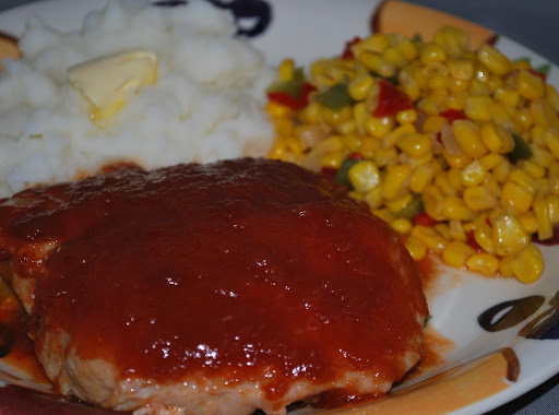 Pork chops, potatoes, and sw corn