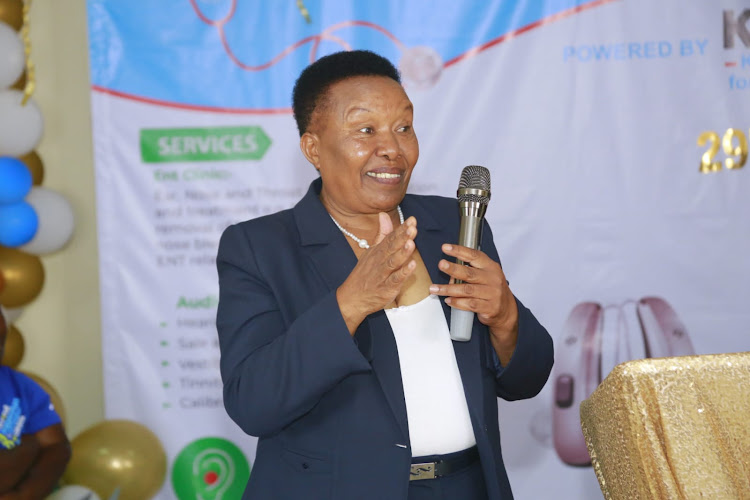 The Kenya Society for Deaf Children (KSDC) CEO Rhoda Kabiti speaks during the official launch of Dechi Hearing Centre in Upper Hill on February 29, 2024