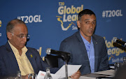 Cricket South Africa (CSA) chief executive Haroon Lorgat (L) and the T20 Global League Tournament Director Russell Adams during a press conference at The Westin Hotel on August 28, 2017 in Cape Town, South Africa.