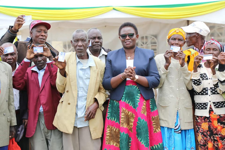 Elderly people with Meru Governor Kawira Mwangaza during the launch of Mwanagza hHealthcare on May 30, 2023