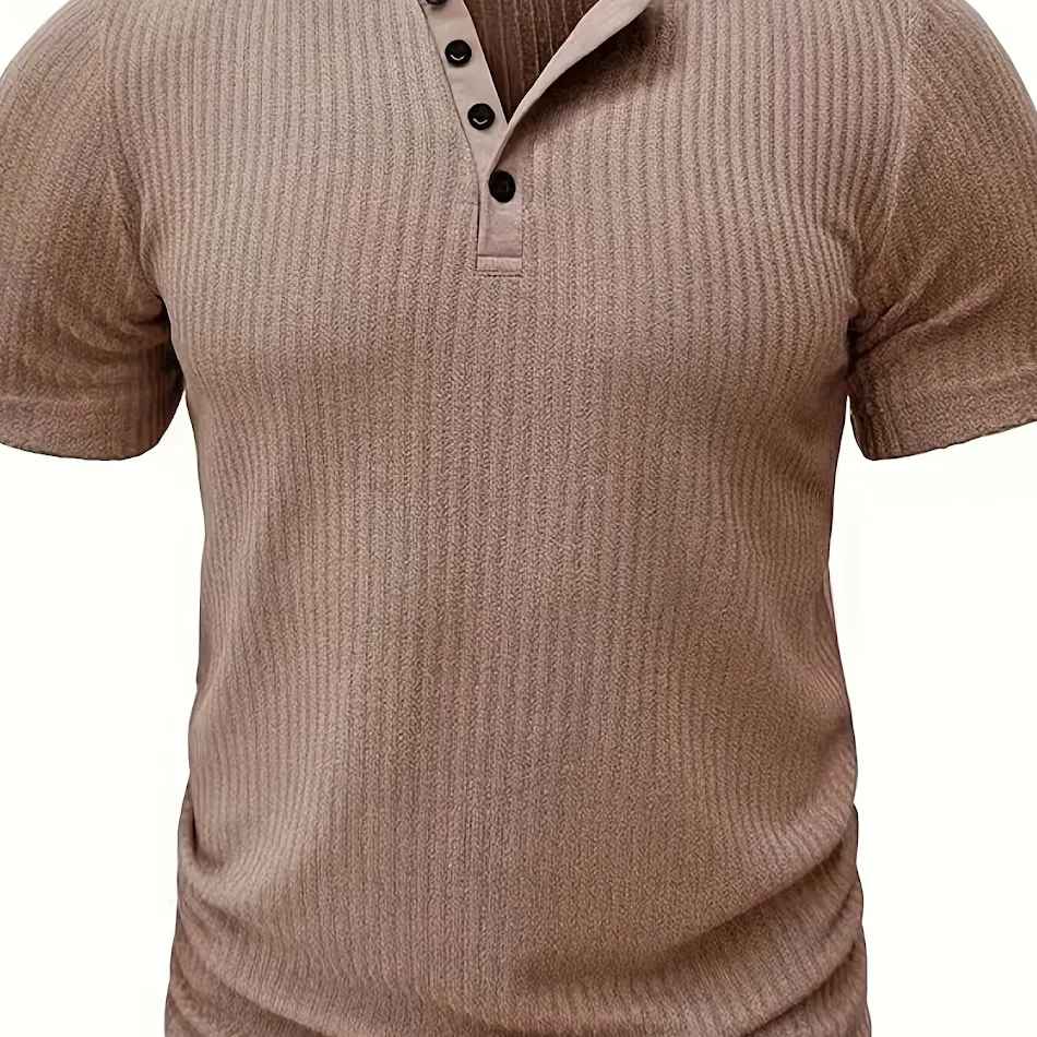 Heren T-shirt met korte mouwen, effen streep patroon, Henley hals, chique en stijlvolle sporttops voor de zomer. Ideaal voor vrijetijdsbesteding.