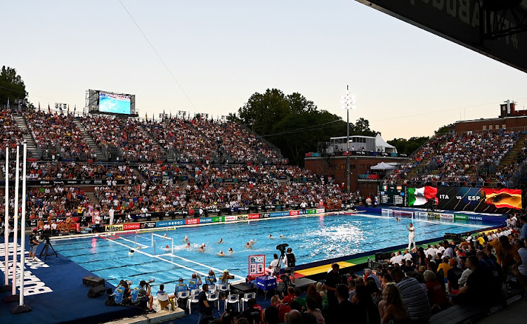 A view of the pool and stands during the men's water polo gold medal match between Italy and Spain on day 14 of the Budapest 2022 Fina World Championships at Alfred Hajos National Aquatics Complex on July 3 2022.