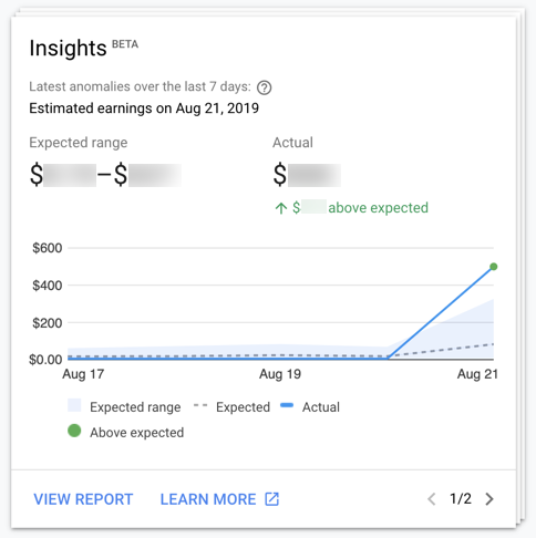 Exemplo de painel de apps com insights nos relatórios da AdMob.