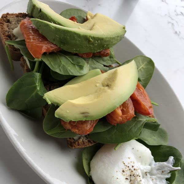 Loaded toast and a poached egg