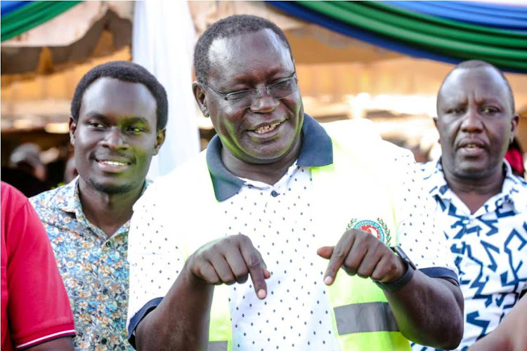 Kiambu Governor James Nyoro speaks at Kidfarmaco area in Kikuyu on Tuesday.