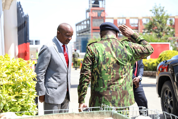 Interior Cabinet Secretary Kithure Kindiki is recieved by Inspector-General of the National Police Service Japhet Koome at the GSU Training School in Embakasi , Nairobi on March 12, 2024