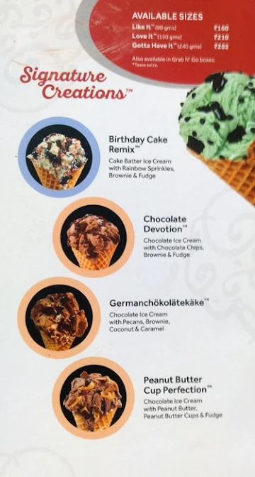 Cold Stone Cremery menu 